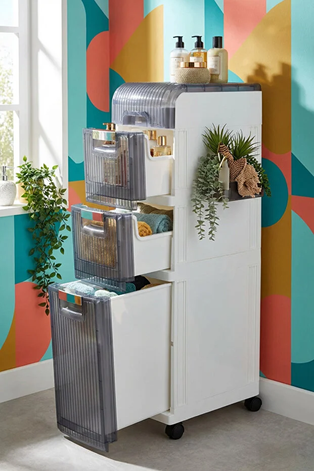 Tekerlekli 3 Çekmeceli Dekoratif Dolap Beyaz, 20 cm × 37.5 cm × 92.5 cm